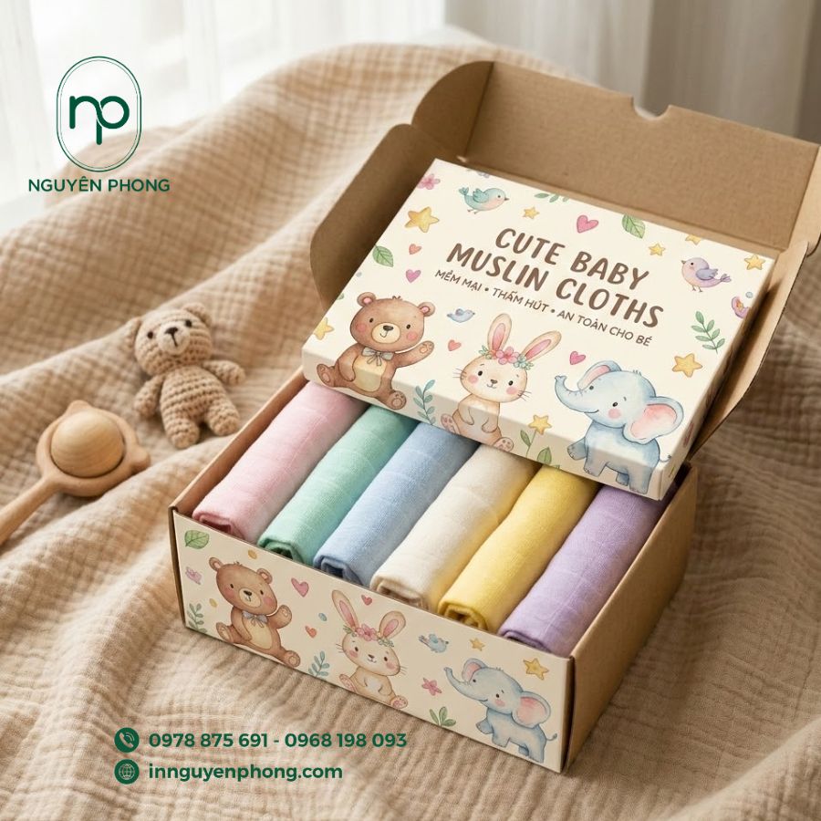 in hộp đựng khăn xô, khăn sữa cho em bé